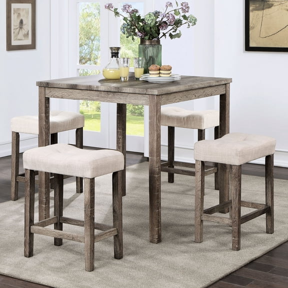 Counter Height Dining Set with 4 Stools | Farmhouse-Inspired for Dining Room | Linen-like Beige Cushion Seats | Fits Rustic Decor Theme