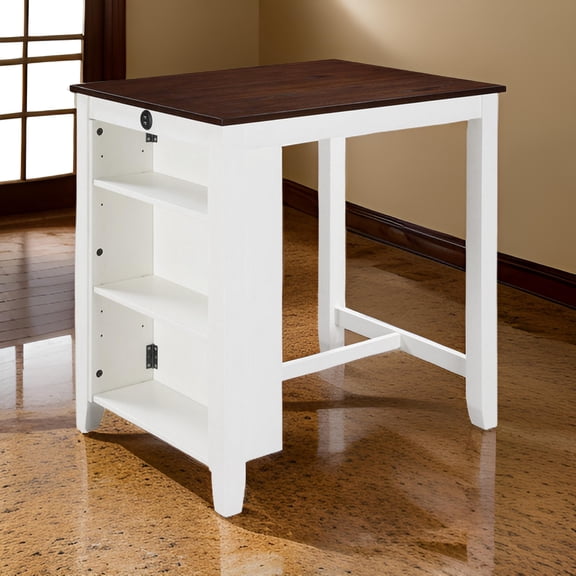 Counter Height Dining Table, 36 Inch Solid Wood and MDF Kitchen Table with Built-in USB Charging Ports and Storage Shelves, White and Brown Finish for Dining Room or Kitchen Nook