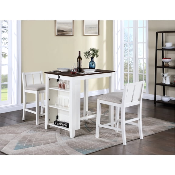 Counter Height Dining Table, 36" White With Shelves. 2 Chairs. Charging Ports. Space Saver. Table: 36"w X 28"d 35.5"h. Chair: 20"w 21"d 33"h. 25" Seat Height. Cream Color Fabric Table And Chairs,