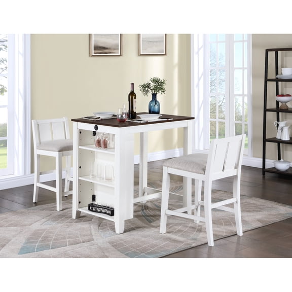 Counter Height Dining Table, 36" White With Shelves. 2 Chairs. Charging Ports. Space Saver. Table: 36"w X 28"d 35.5"h. Chair: 20"w 21"d 33"h. 25" Seat Height. Cream Color Fabric Shelves, White.