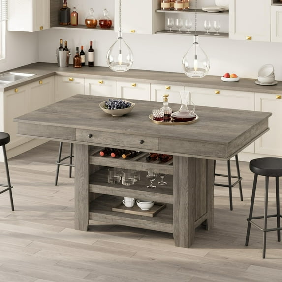 Counter Height Dining Table for 4-6, Wood Bar Height Tall Kitchen Table with Deepened Wine Rack & 2 Drawer & Shelves, Thick Large Table Top for Kitchen, Bar