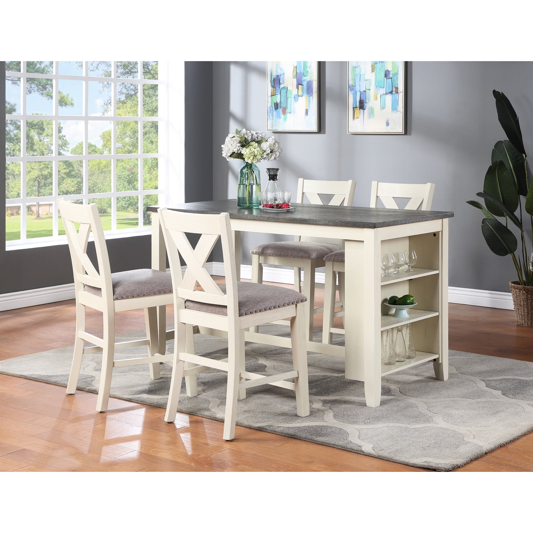 Counter Height Dining Table And 4 Chair - Solid Wood, , Antiqued Wash, Storage Shelves, Foam ...