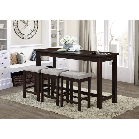 Counter Height Dining Table 4pc, Finish, 3 Stools, Ports & Gray Seat Fabric, Casual Collection Finish Table, Fabric Seat, Style