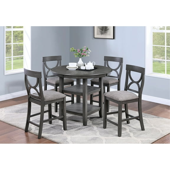 Counter Height Dining Table And Chair , Gray, Round, Storage Function, Cushion Padded 5pc Round With Shelf, Storage,