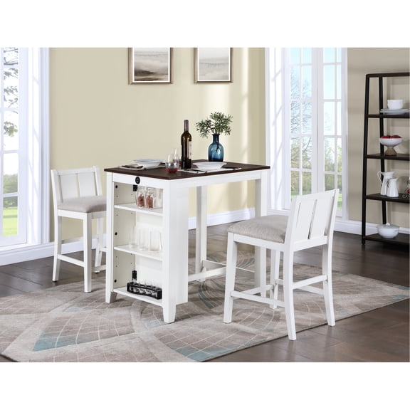 Counter Height Dining Table And Chairs, 36" White. Shelf Storage. Charging. Space Saving Design. Table: 36"w X 28"d 35.5"h. Chair: 20"w 21"d 33"h. 25" Seat Height. Cream Fabric Chair White 2 Chairs