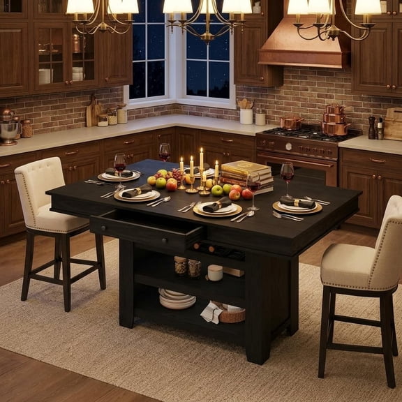 Counter Height Dining Table, Dining Table for 4-6, 60 Inch Farmhouse Rectangular Bar Table with Wine Rack, 2 Drawers, 3 Shelves, Thick Wood Top, Brown/Black, Kitchen Dining Room