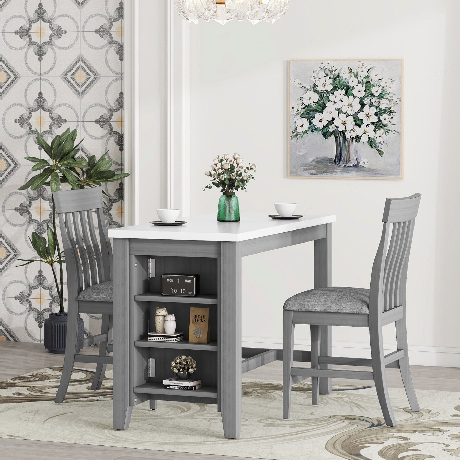 Counter Height Dining Table Set for 2 with Builtin Storage Shelves