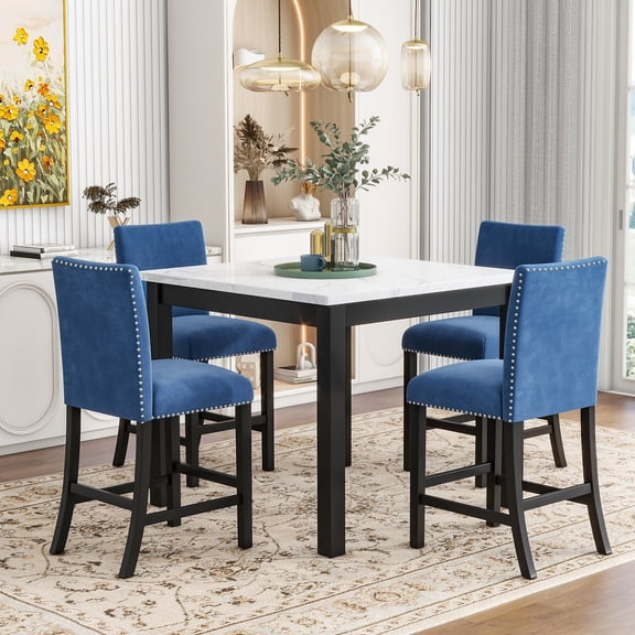 Counter Height Dining Table Set, 35" x 35" Faux Marble Top MDF Table with 4 Blue Velvet Upholstered Chairs and Rubber Wood Legs, Modern Kitchen and Dining Room Furniture Set