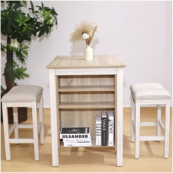 Counter Height Dining Table Set with 2 Stools, Farmhouse Style with Built-In Storage, for Apartments and Small Kitchens