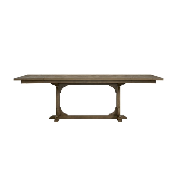 Counter Height Dining Table, Solid Wood and MDF with Hickory Veneers, Geometric Parquet Top, 84 to 114 Inch Expandable Trestle Table with Two 15 Inch Leaves, Almond Finish for Kitchen