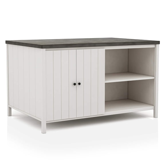 Counter Height Dining Table, Solid Wood Rectangular Kitchen Table with Storage Cabinet and Open Shelves, Two-Tone Off White and Dark Gray Plank Design, 60"L x 40"W x 36"H, Seats 6