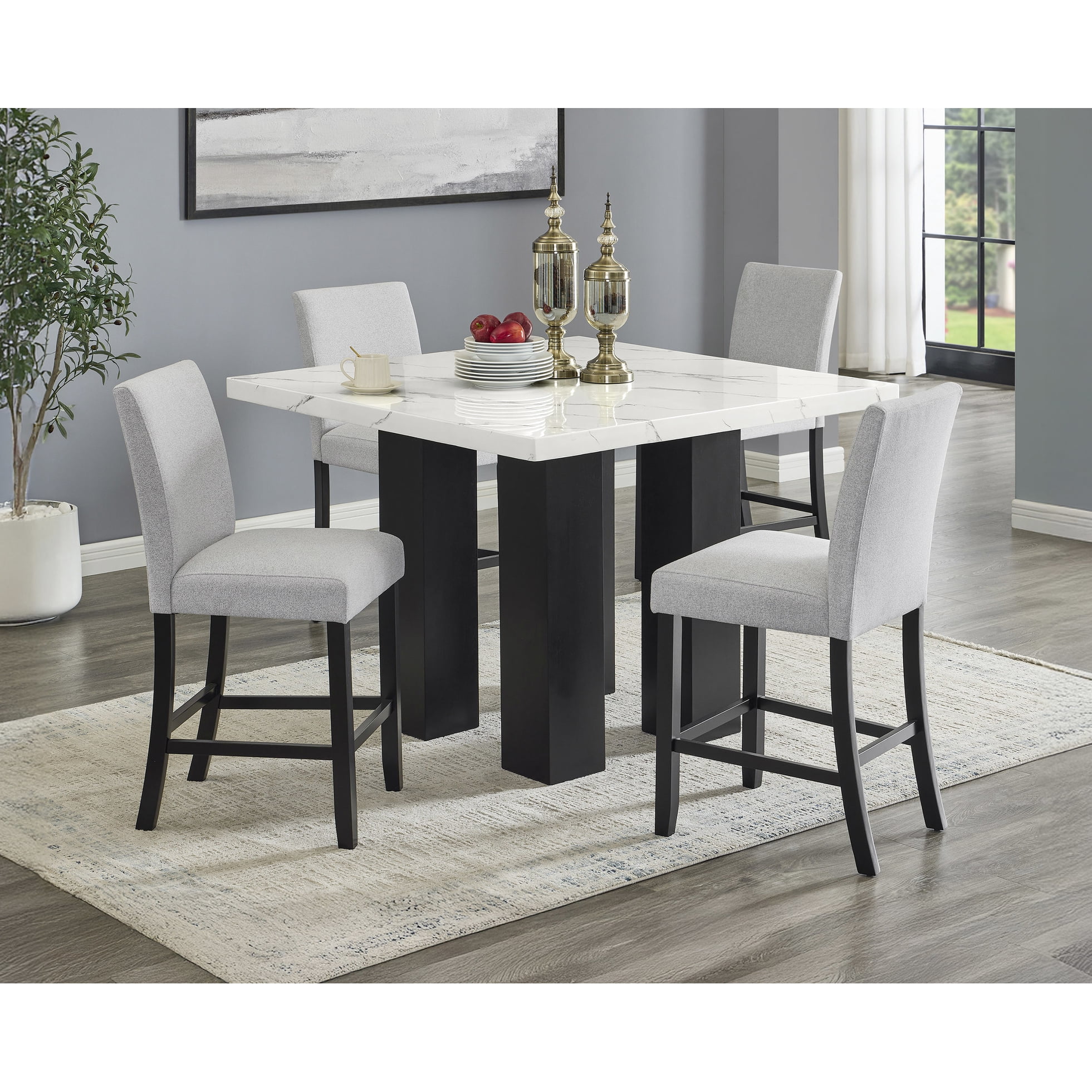 Counter Height Dining Table - Square Faux Marble Table, Upholstered ...