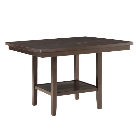 Counter Height Dining Table, Wood and Mindy Veneer, 54" x 54" x 36"H, Dark Brown Finish, Features Rotating Lazy-Susan and Lower Open Storage Shelf for Kitchen and Dining Room, Seats 8