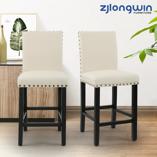 Counter Height Fabric Upholstered Wooden Chairs Barstools with Nailhead