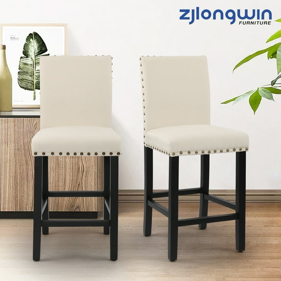 Counter Height Fabric Upholstered Wooden Chairs Barstools with Nailhead Trim in Beige, Set of 2