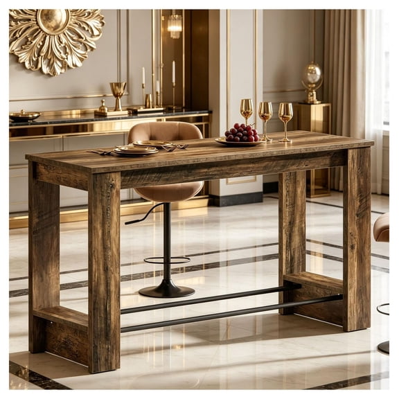 Counter Height Pub Table - 63" Bar Table with Footrest - Kitchen Island Dining Table for Home Bar Restaurant Industrial Style