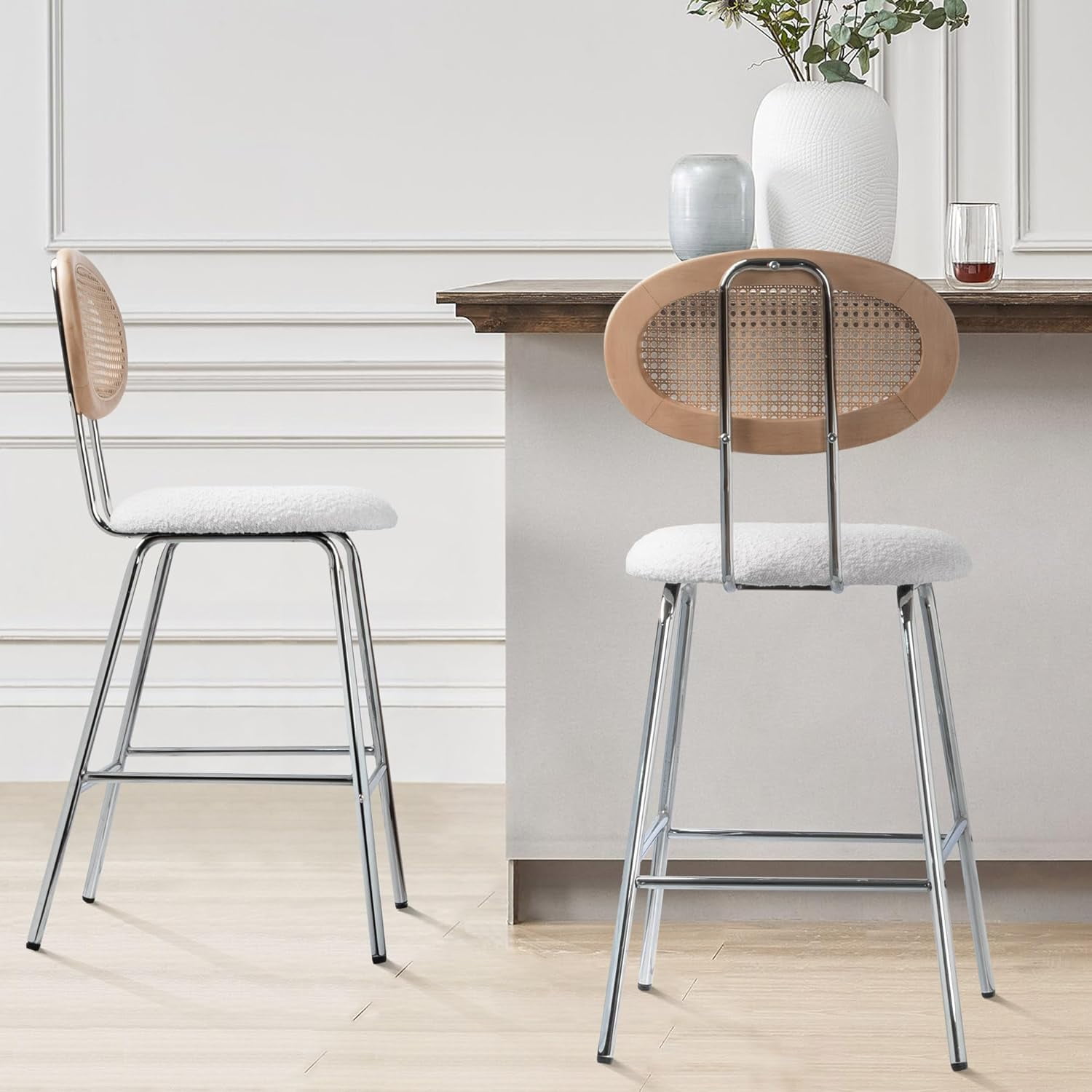 Counter Height Rattan Backrest Barstools Set of 2, Mid Century Modern