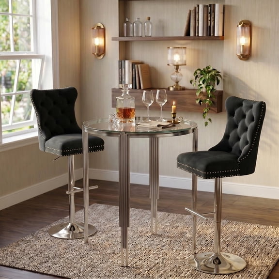 Counter Height 3-Piece Bar Table Set, 37" Round Tempered Glass Top with 2 Adjustable Velvet Bar Stools, Stainless Steel Legs, Modern Bistro Pub Set