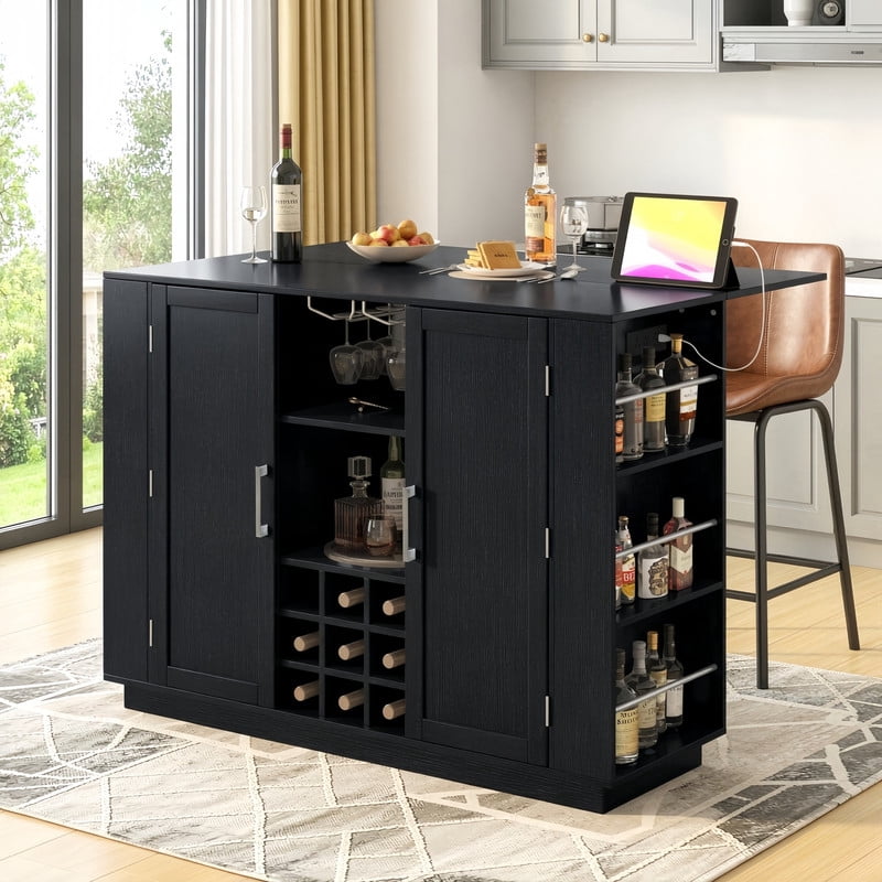 Counter Height Sideboard Buffet Kitchen Island with Drop Leaf & Power Outlet, Bar Storage Cabinet with Wine Rack & Stemware Holder