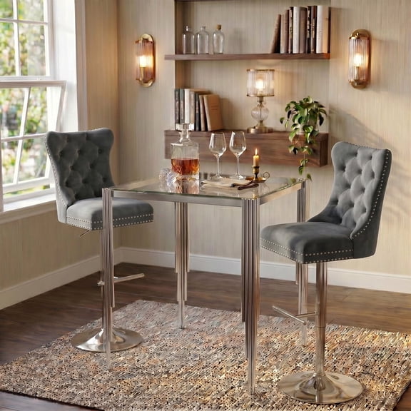 Counter Height 3-Piece Bar Table Set, 37" Round Tempered Glass Top with 2 Adjustable Velvet Bar Stools, Stainless Steel Legs, Modern Bistro Pub Set