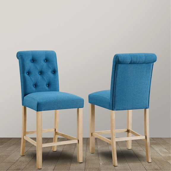 Counter Height Stools, 2 In Blue - Back With Padded Seat Great For Kitchen Or Dining Areas Wood & Fabric Combination Of 2, Button Area Use Brown Frame