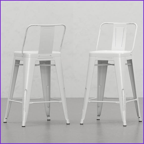 Counter Height Stools, Industrial Contemporary Metal Distressed Off-White Set of 2 | Kitchen, Bar, High Top | Metal | Off-White