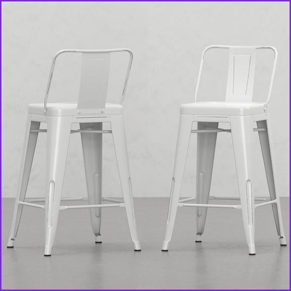Counter Height Stools, Industrial Contemporary Metal Distressed Off-White Set of 2 | Kitchen, Bar, High Top | Metal | Off-White