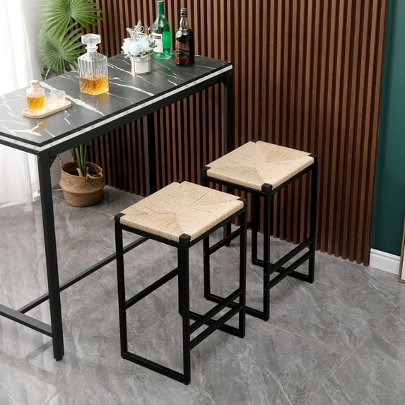 Counter Height Stools Set of 2, 25in Backless Bar Stools with Metal Footrest, Industrial Style Armless Bar Chair with Paper Rope Woven Cushion for Kitchen Island, Home Bar, Natural