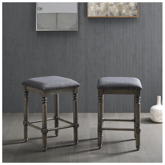 Counter Height Stools Set of 2, Grey - Arnhem Wood Upholstered Swivel Bar Stools for Kitchen Island, Rustic Chic Counter Chairs with Nailhead Trim Gray + Wood
