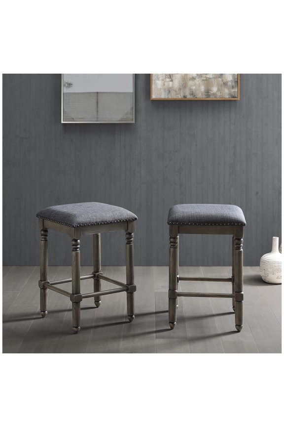Counter Height Stools Set of 2, Grey - Arnhem Wood Upholstered Swivel Bar Stools for Kitchen Island, Rustic Chic Counter Chairs with Nailhead Trim Gray + Wood