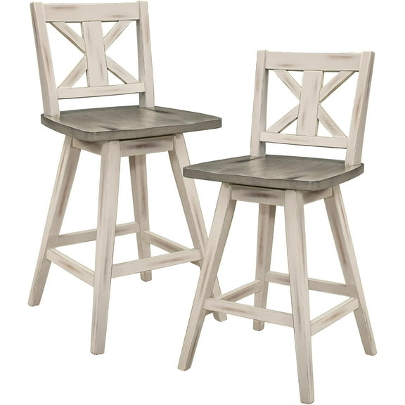 Counter Height Stools Set of 2-Solid Wood Frame 360 Swivel Wooden Stools, Foot Rest, X Back, Wide Seat, Distressed Farmhouse Easy to Clean Finish, 24" SH, Antique White/Grey
