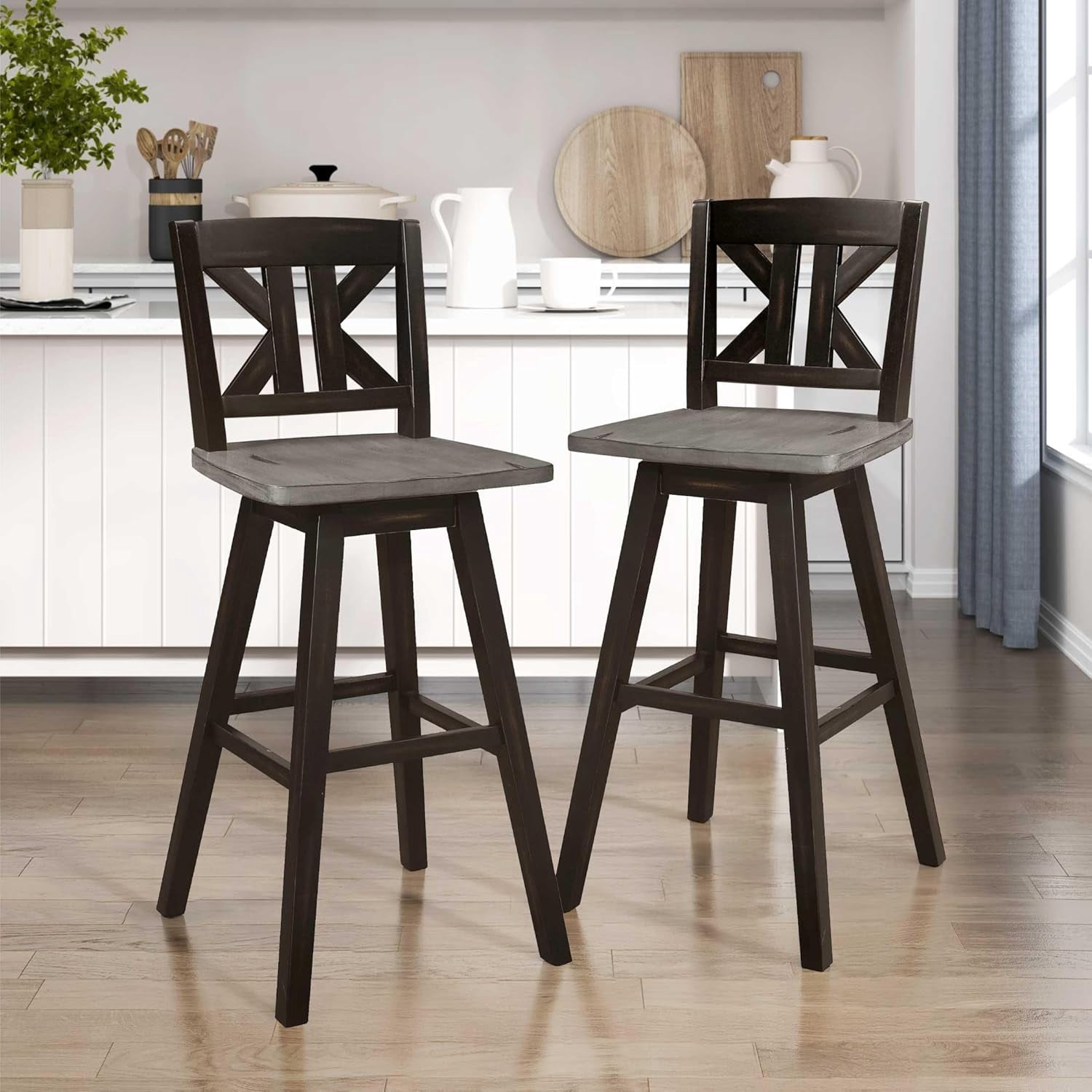Counter Height Stools Set of Wood Swivel Wooden Stools Foot Rest X Back ...