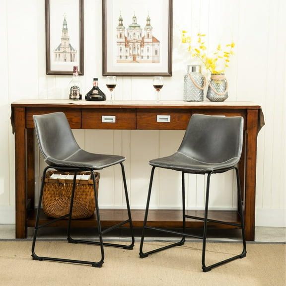 Counter Height Stools, Vintage Pu Leather, Antique Grey. Hand Crafted Metal Dining Chairs With Plastic Seats. Black Iron Frame. Dimensions: 18.5"w X 21.5"d 34.5"h. Seat: 15"d 24.5"h Stools Of 2,