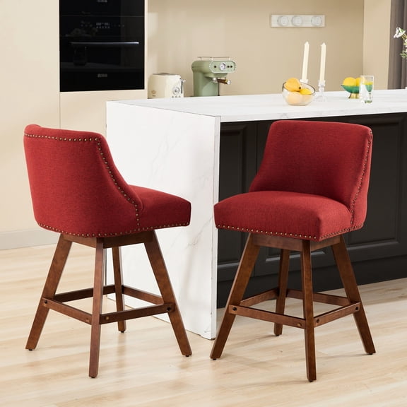 Counter Height Swivel Of 2, 26'' H Seat Height, Wine Red Upholstered, 360-degree For Easy Dining And Communication, Soft Foam Steel Spring Filler, Curved Back Support, American Design, Rubberwood