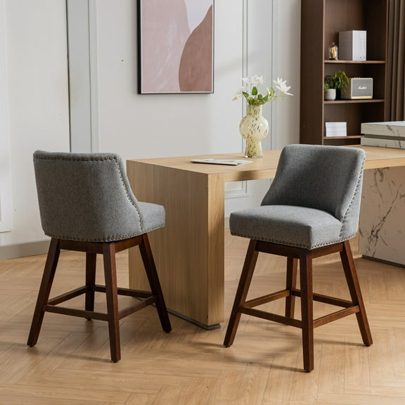 Counter Height Swivel Of 2, 26'' Seat Height. Gray Upholstered With 360-degree Feature. Soft Foam And Steel Spring Filler For Prolonged Sitting Period. Curved Back Support. Made Rubber Wood. Dining