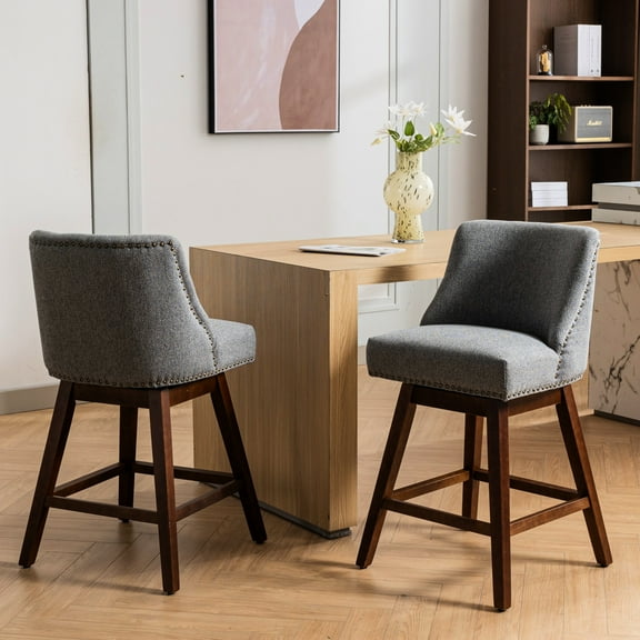 Counter Height Swivel Of 2, 26'' Seat Height. Gray Upholstered With 360-degree Functionality. Soft Foam And Steel Spring Filler For Prolonged Sitting. Curved Back Comfort. Made From Rubber Wood.