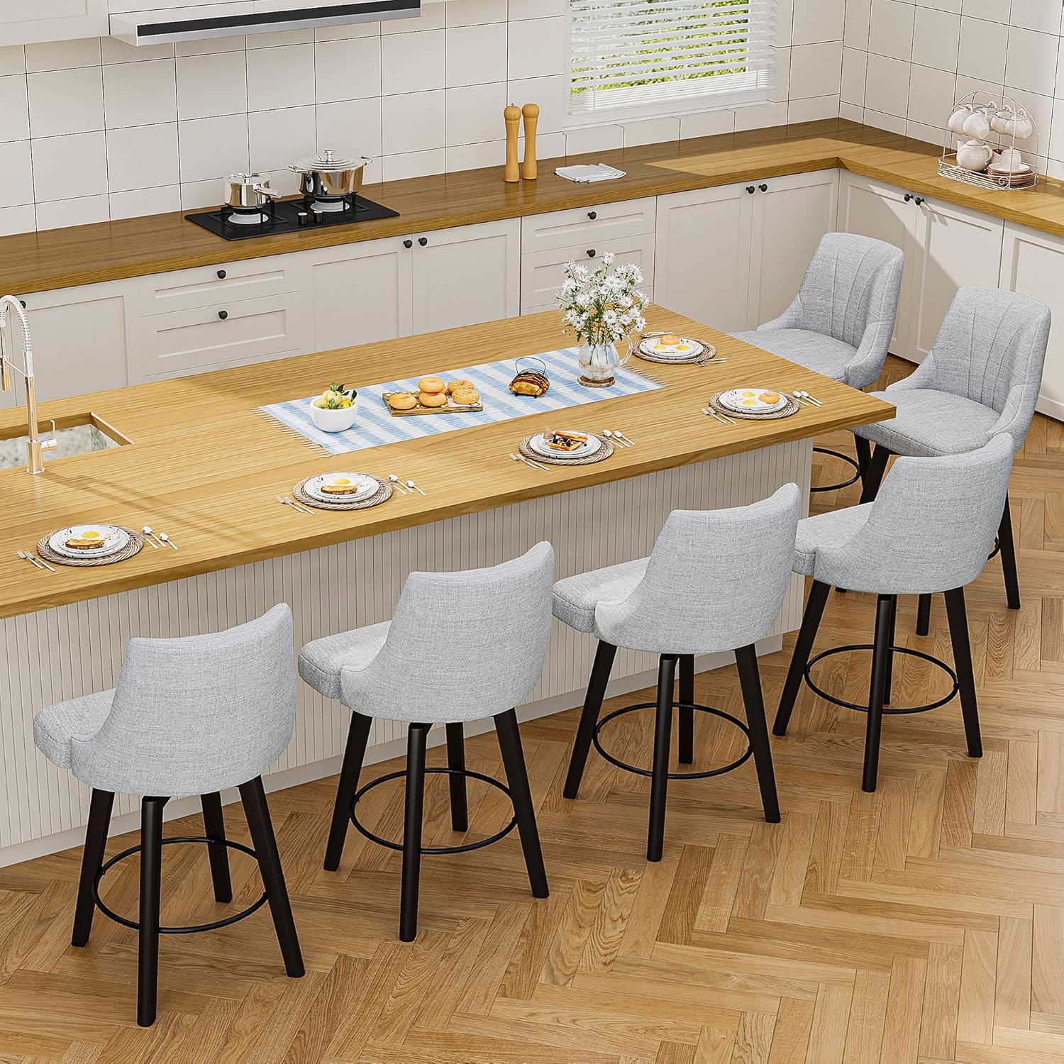 Counter Height Swivel Bar Stool, 24" Upholstered Fabric Barstools Set