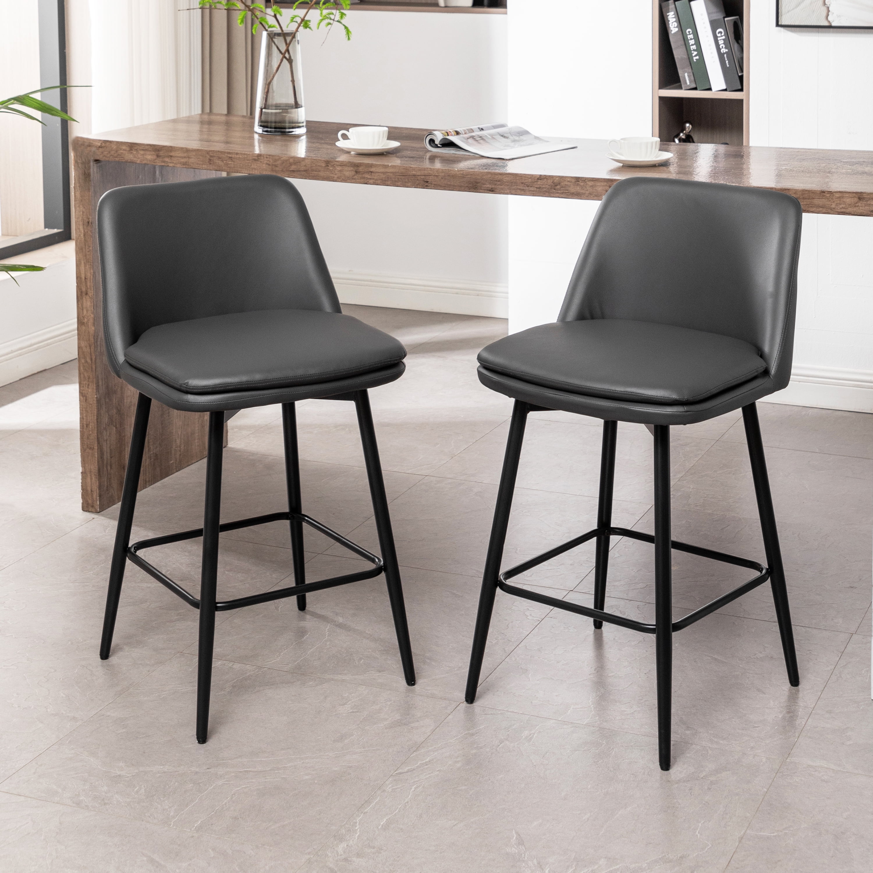 Set Of 2 Swivel Bar Stools - 26" Seat Height, Upholstered With Back & Footrest, Rustic Grey