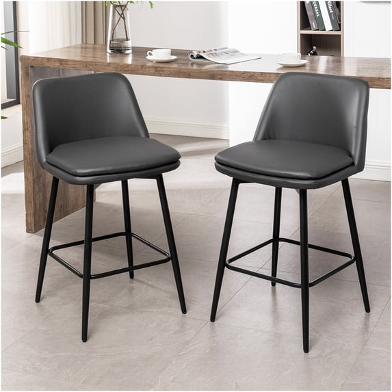 Set of 2 Modern Swivel Bar Stools with Backrest, Upholstered Faux Leather Counter Stools for Kitchen, Dark Grey