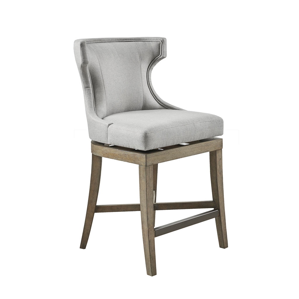 Elegant Light Grey Wingback Swivel Counter Stool with Bronze Accents