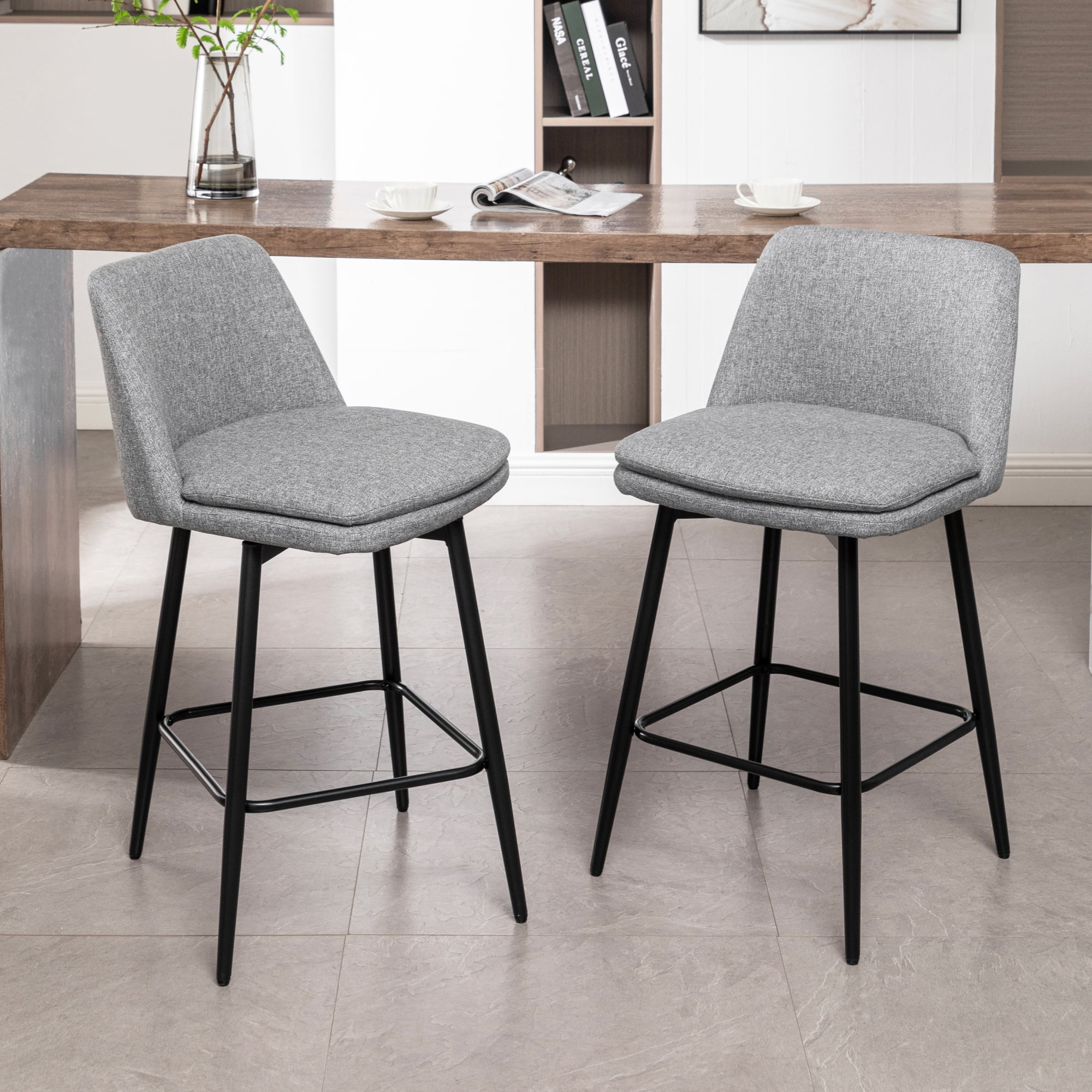 Gray Upholstered Swivel Barstools with Metal Legs, Set of 2