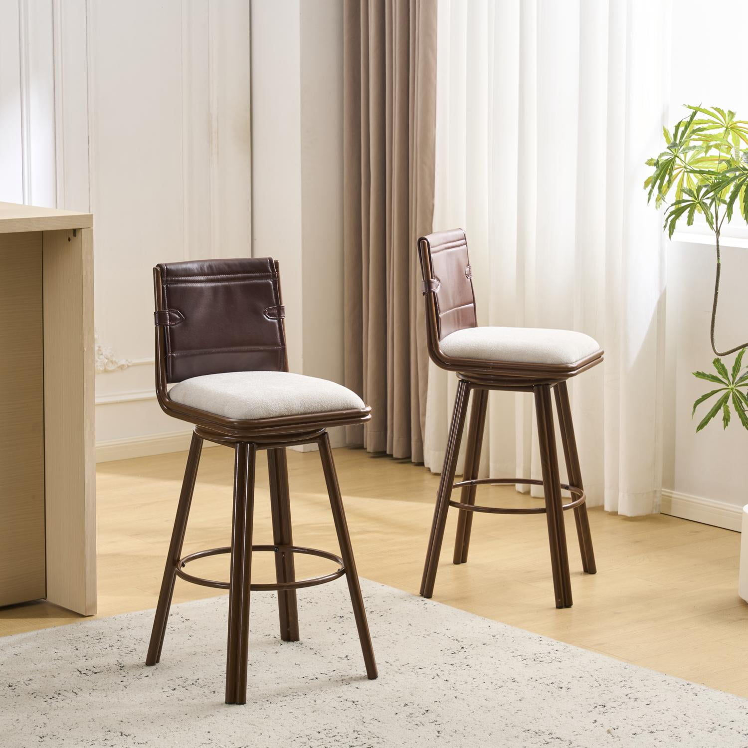 Counter Height Swivel Stools, 360-Degree Rotating Bar Stools with Beige Fabric Seat and Walnut Finish Iron Frame, Adjustable Height Stools for Kitchen Island, Game Room, Office, Set of 2