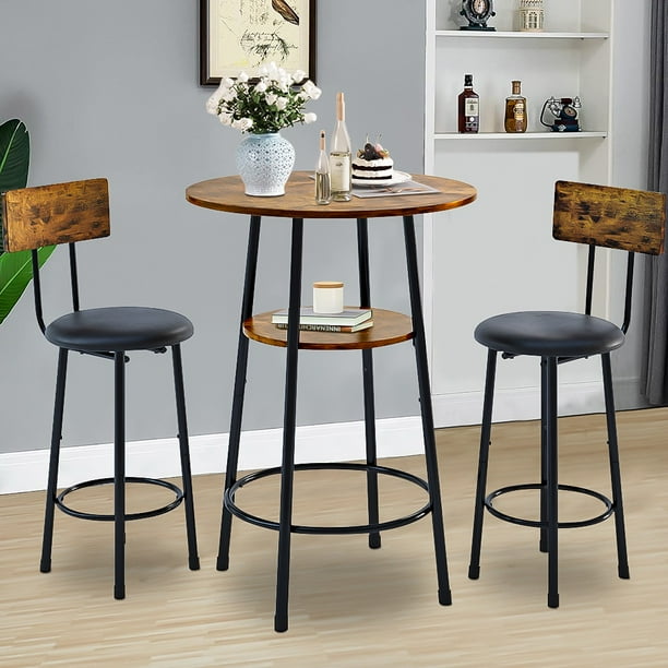 Counter Height Table Set of 3 Breakfast Bar Table and Stool Set Minimalist Dining Table with Backrest Stools Wood Top Pub Table Chair Set for Kitchen Apartment Bistro Rustic Brown