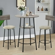 Counter Height Table Set of 3, Breakfast Bar Table and Stool Set, Minimalist Dining Table with Backrest Stools, Wood Top Pub Table & Chair Set for Kitchen Apartment Bistro - Grey