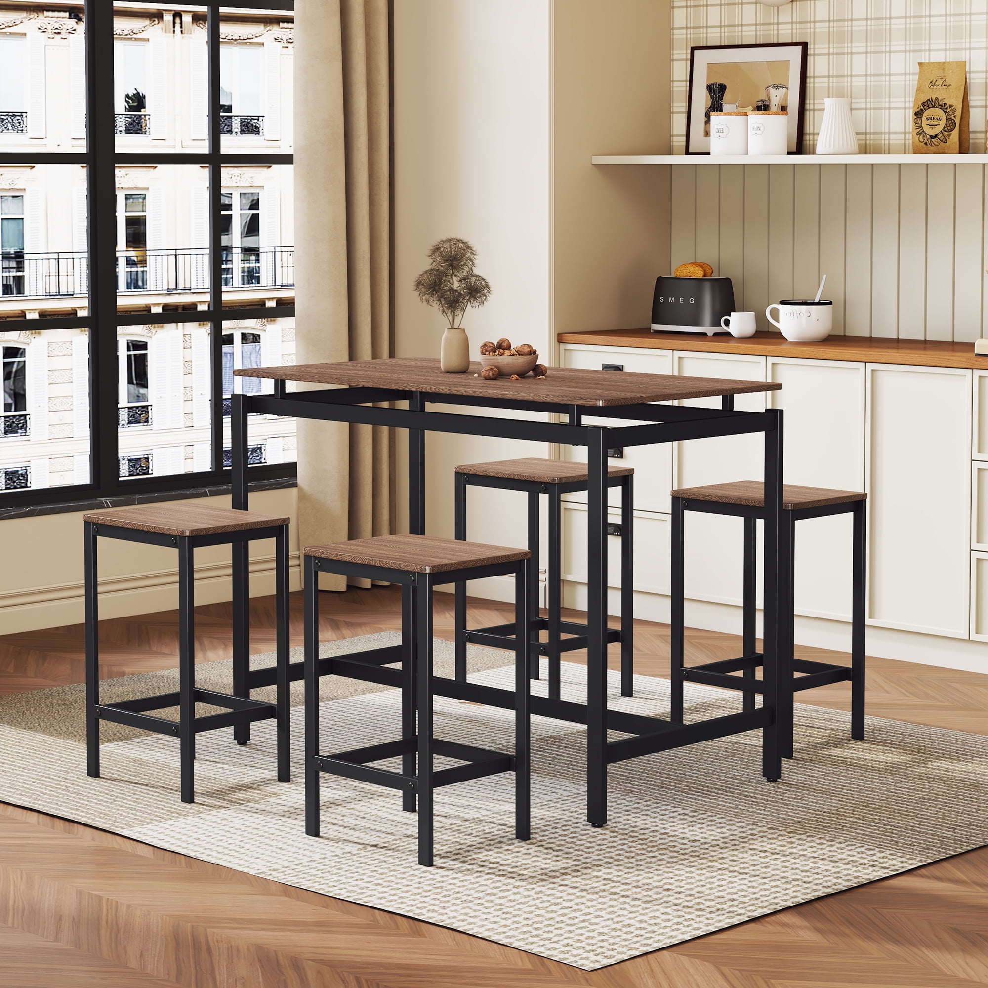 Counter Height Table Set of 5 5 Pieces Industrial Style Bar Table Set with Table and Stools Modern Pub Table Dining Room Table Set for Kitchen Dark