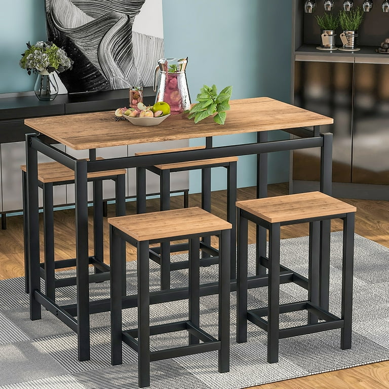 Counter Height Table Set of 5, Breakfast Bar Table and Stool Set,  Minimalist Dining Table with Backless Stools, Wood Top Pub Table & Chair  Set for Kitchen Apartment Bistro - Space Saving 