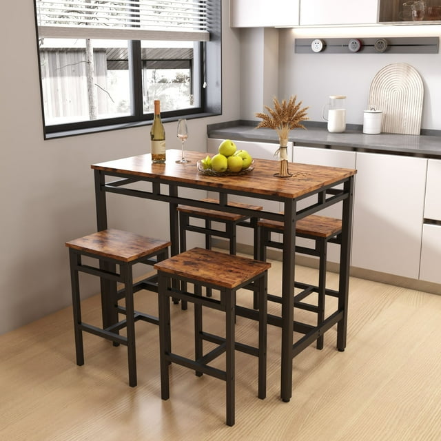 Counter Height Table Set of 5, Breakfast Bar Table and Stool Set, Minimalist Dining Table with Backless Stools, Wood Top Pub Table & Chair Set for Kitchen Apartment Bistro - Space Saving