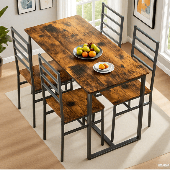 Counter Height Table Set, 5 Pieces Dining Table Set for 4, Rustic Brown Kitchen Table Sets with Backrest PU Leather Chairs, Modern Bistro Pub Table Set for Small Spaces