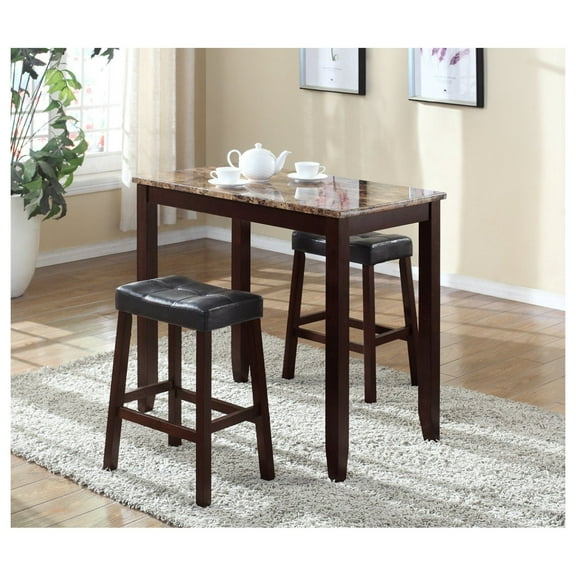 Counter Height Table Set with Stools, 3-Piece Espresso Finish Marble Top Breakfast Table Set for Kitchen Dining, Includes Table & 2 Stools Espresso + Wood