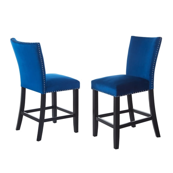 Counter Height Upholstered Velvet Chairs, Of 2, Blue, Nailhead Trim, Footrest, Contemporary Dining With Assembly Blue Stools Trim And 2pc ,